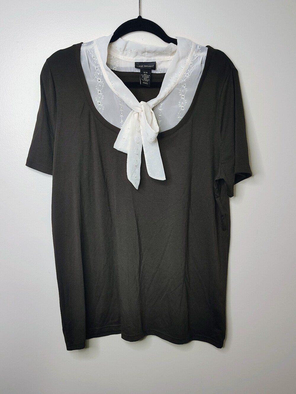 Lane Bryant 14/16 Brown Faux Layered Top Attached Lace Tie Neck Blouse